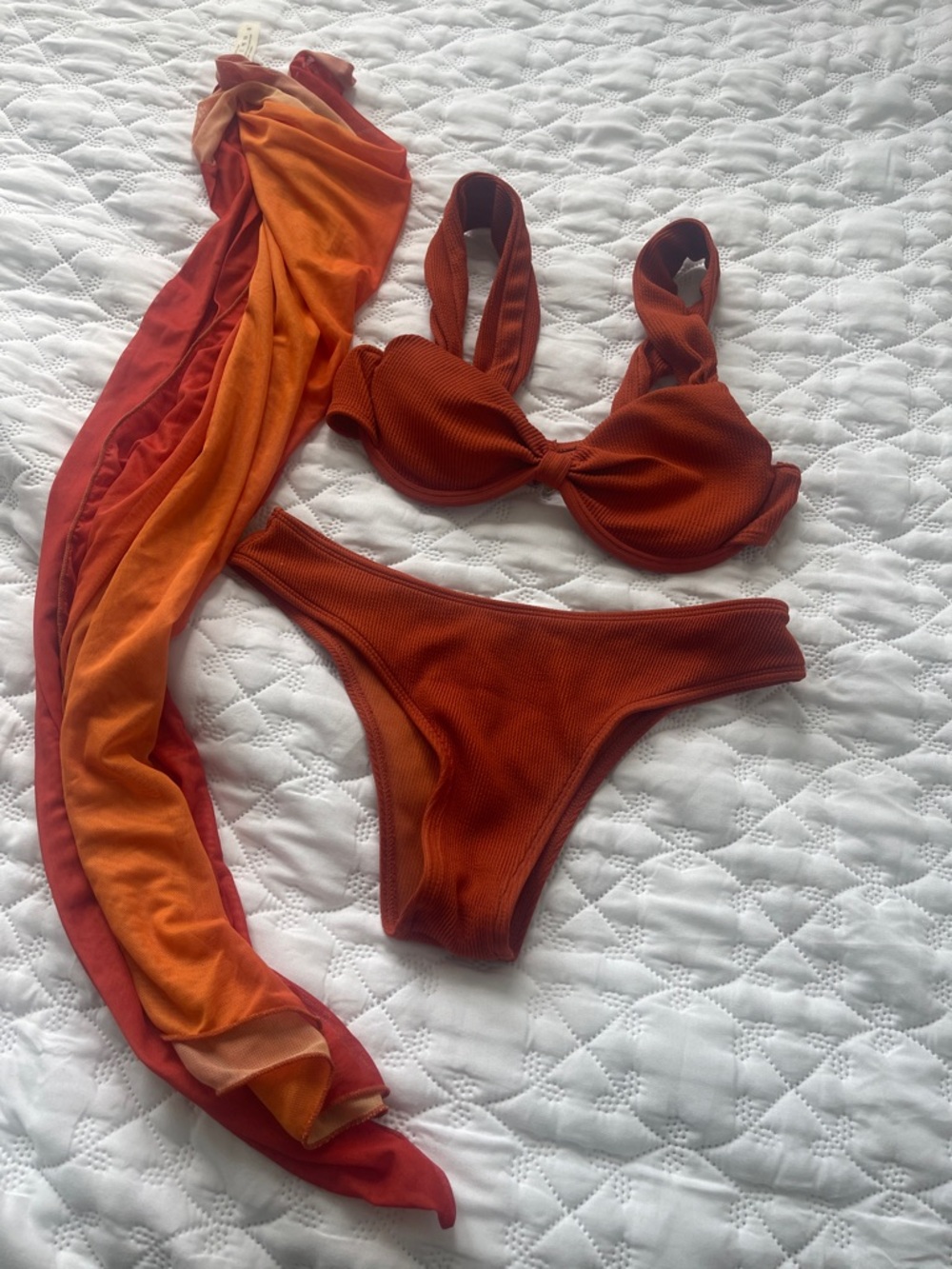 SHEIN Rust Orange Ribbed Bikini Set with Sunset Scarf